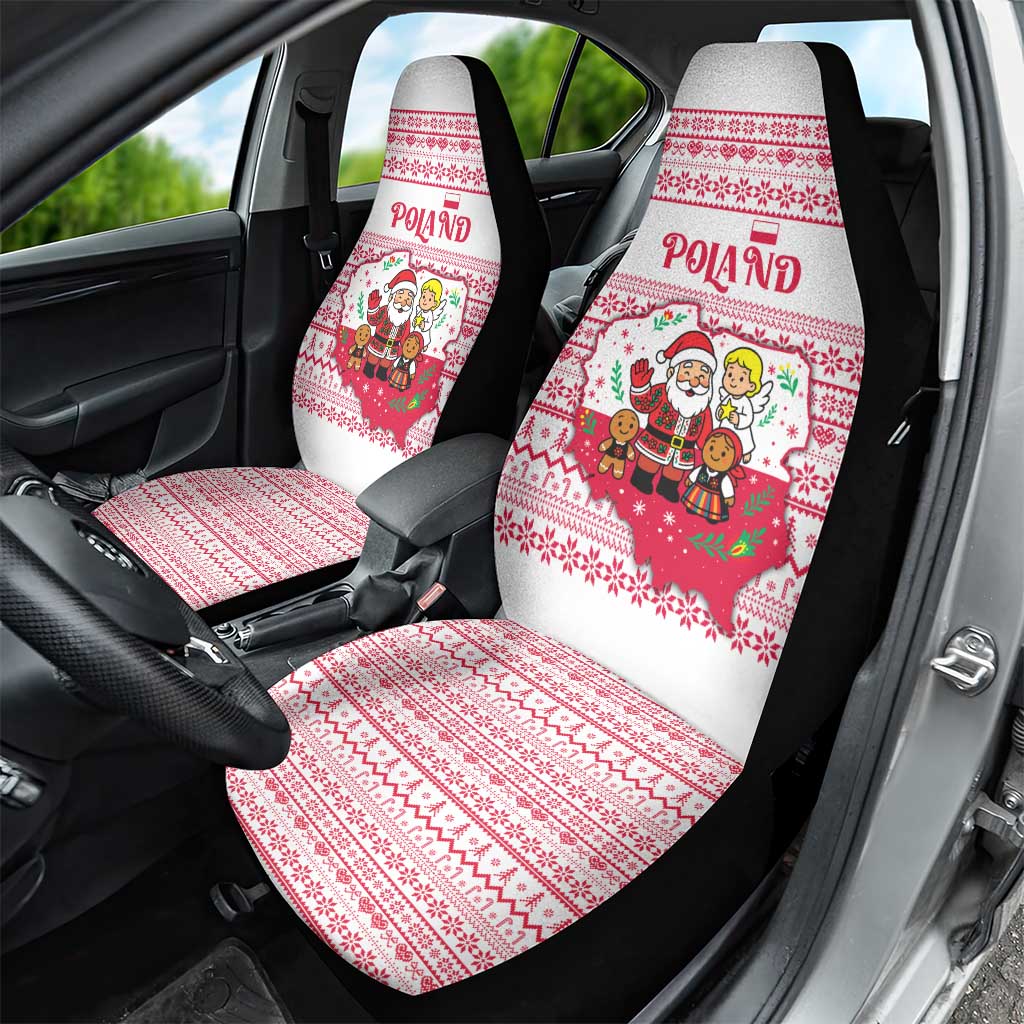 Poland Christmas Car Seat Cover with Santa Children Gingerbread Map Outline and Red Snowflake Knit Pattern Design - Wonder Print Shop