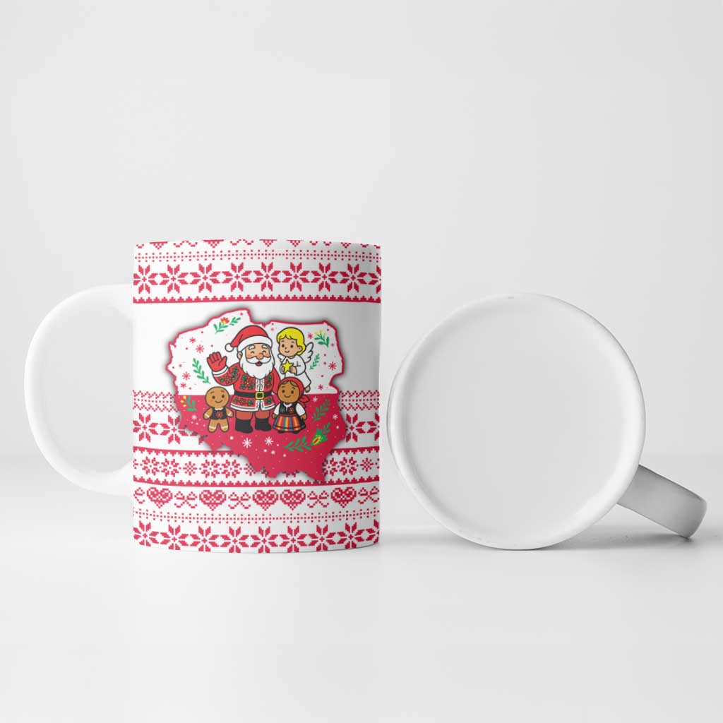 Poland Christmas Ceramic Mug with Santa Children Gingerbread Map Outline and Red Snowflake Knit Pattern Design - Wonder Print Shop