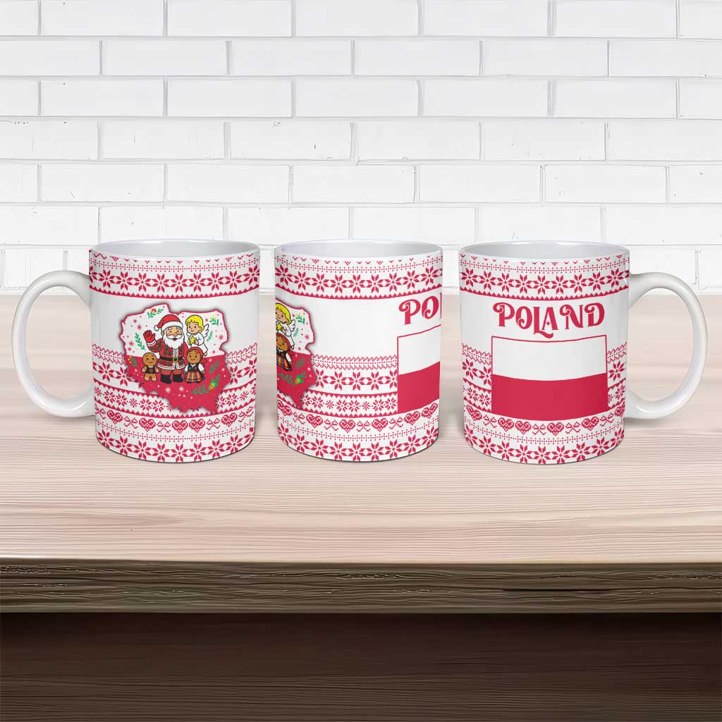 Poland Christmas Ceramic Mug with Santa Children Gingerbread Map Outline and Red Snowflake Knit Pattern Design - Wonder Print Shop
