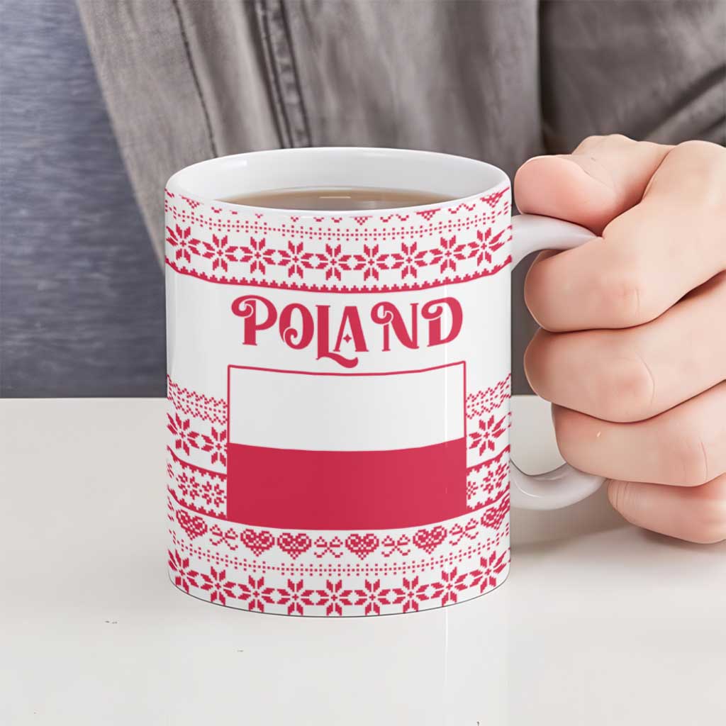 Poland Christmas Ceramic Mug with Santa Children Gingerbread Map Outline and Red Snowflake Knit Pattern Design - Wonder Print Shop