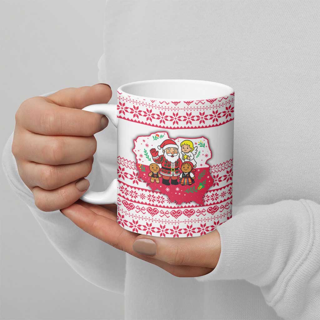 Poland Christmas Ceramic Mug with Santa Children Gingerbread Map Outline and Red Snowflake Knit Pattern Design - Wonder Print Shop