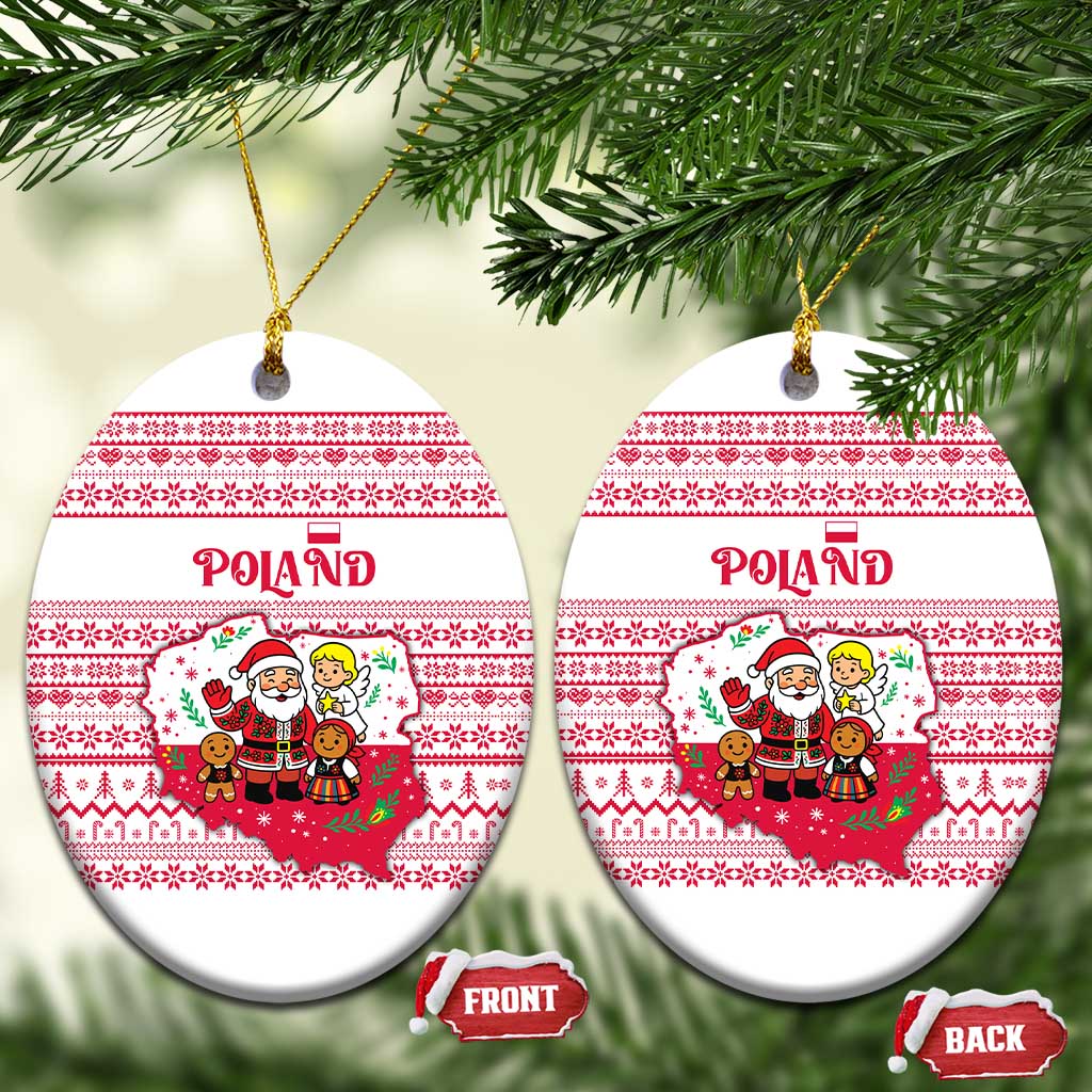 Poland Christmas Ceramic Ornament with Santa Children Gingerbread Map Outline and Red Snowflake Knit Pattern Design - Wonder Print Shop