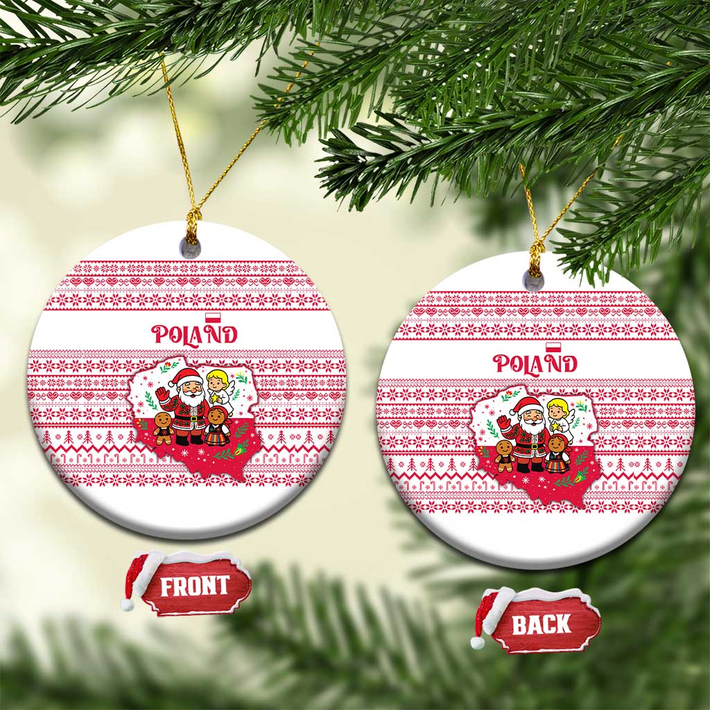 Poland Christmas Ceramic Ornament with Santa Children Gingerbread Map Outline and Red Snowflake Knit Pattern Design - Wonder Print Shop