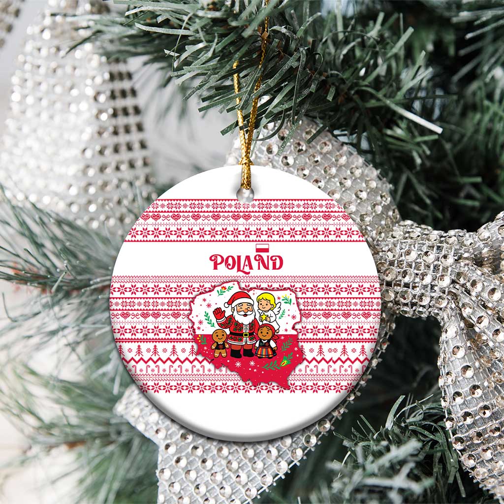 Poland Christmas Ceramic Ornament with Santa Children Gingerbread Map Outline and Red Snowflake Knit Pattern Design - Wonder Print Shop