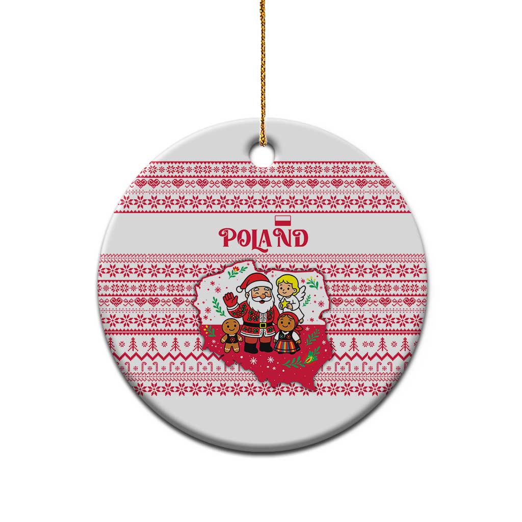 Poland Christmas Ceramic Ornament with Santa Children Gingerbread Map Outline and Red Snowflake Knit Pattern Design - Wonder Print Shop