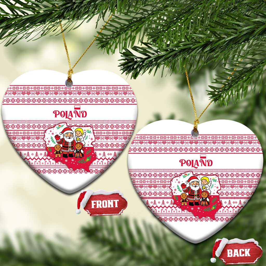 Poland Christmas Ceramic Ornament with Santa Children Gingerbread Map Outline and Red Snowflake Knit Pattern Design - Wonder Print Shop