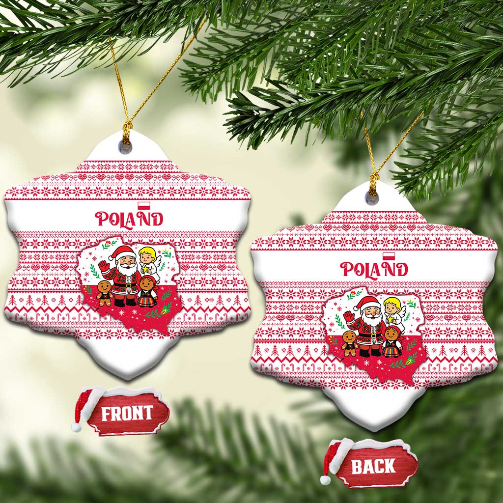 Poland Christmas Ceramic Ornament with Santa Children Gingerbread Map Outline and Red Snowflake Knit Pattern Design - Wonder Print Shop