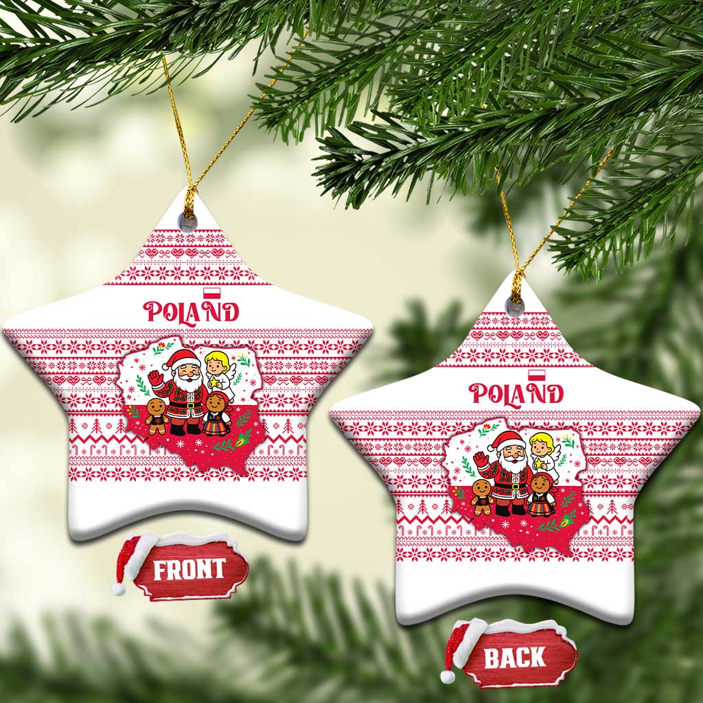 Poland Christmas Ceramic Ornament with Santa Children Gingerbread Map Outline and Red Snowflake Knit Pattern Design - Wonder Print Shop