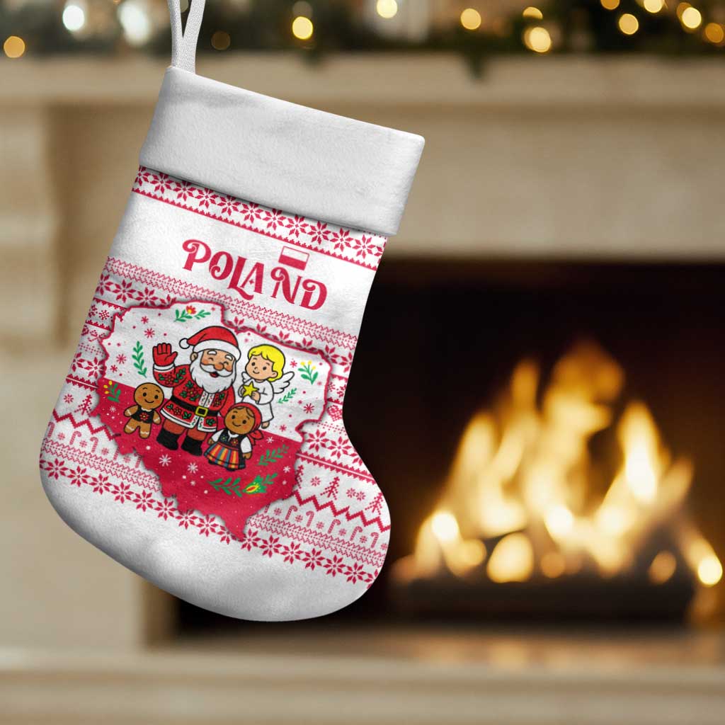 Poland Christmas Stocking with Santa Children Gingerbread Map Outline and Red Snowflake Knit Pattern Design - Wonder Print Shop