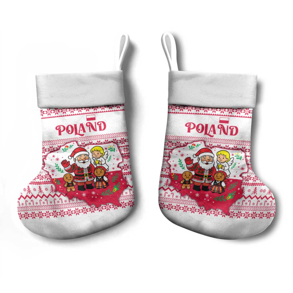 Poland Christmas Stocking with Santa Children Gingerbread Map Outline and Red Snowflake Knit Pattern Design - Wonder Print Shop