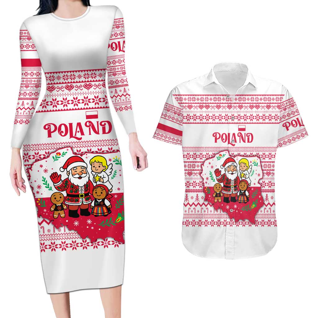Poland Christmas Couples Matching Long Sleeve Bodycon Dress and Hawaiian Shirt with Santa Children Gingerbread Map Outline and Red Snowflake Knit Pattern Design - Wonder Print Shop