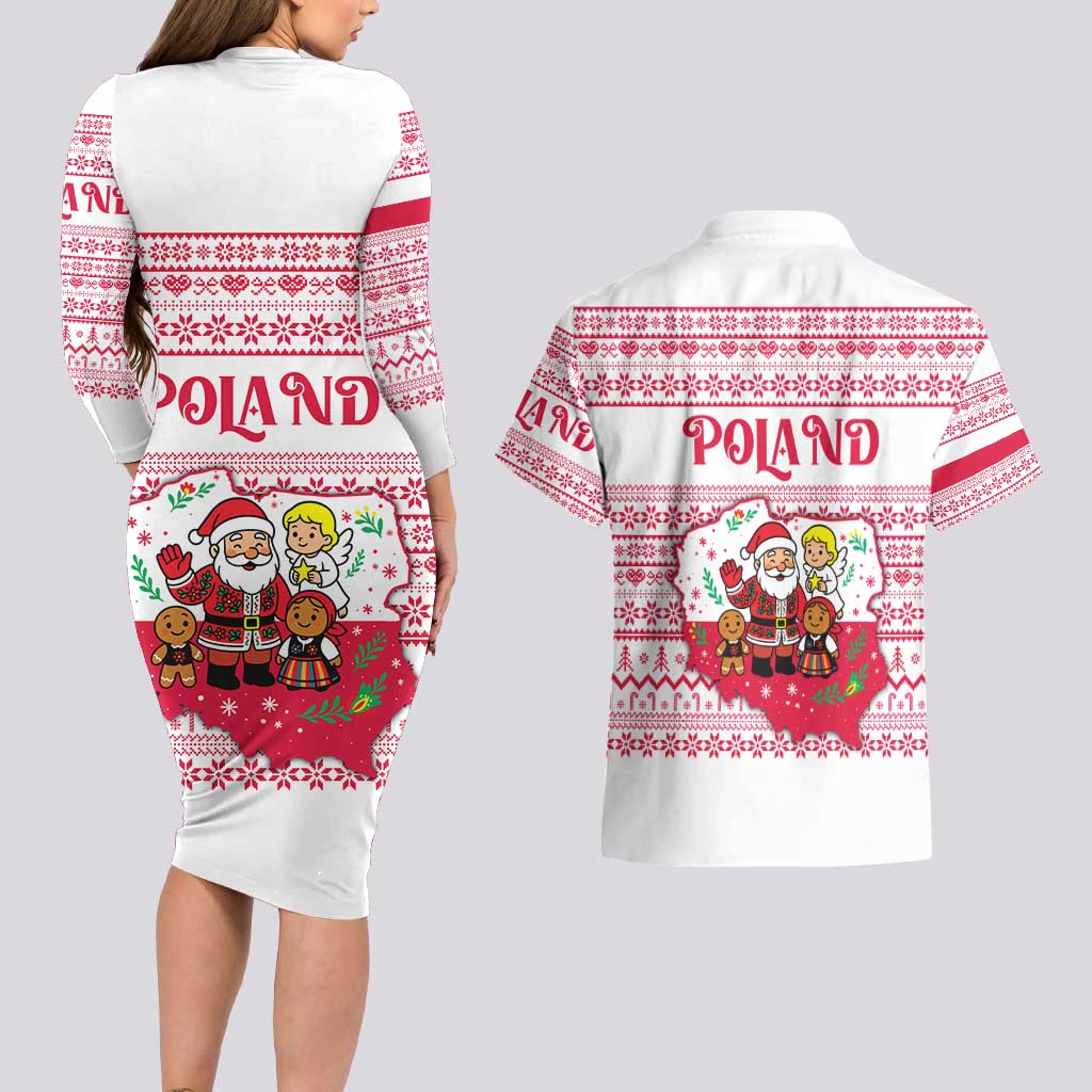 Poland Christmas Couples Matching Long Sleeve Bodycon Dress and Hawaiian Shirt with Santa Children Gingerbread Map Outline and Red Snowflake Knit Pattern Design - Wonder Print Shop