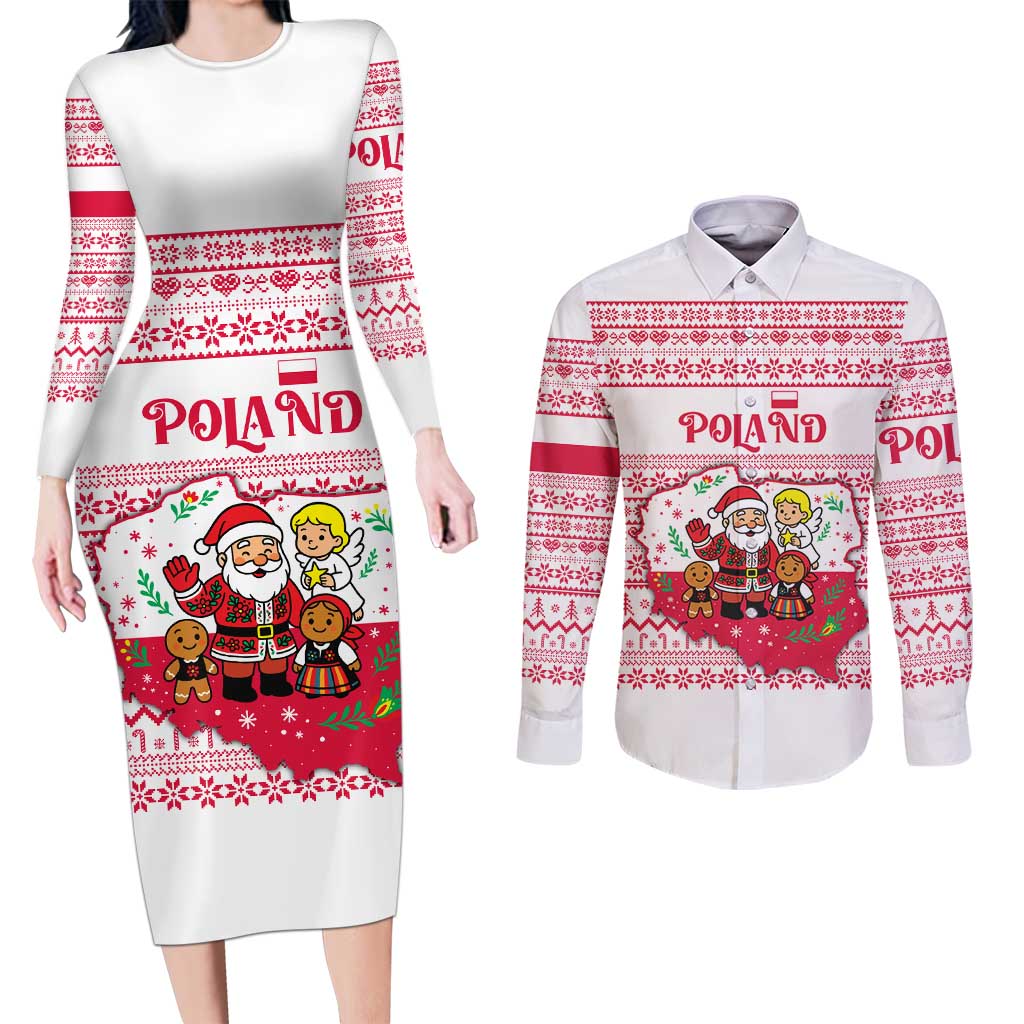 Poland Christmas Couples Matching Long Sleeve Bodycon Dress and Long Sleeve Button Shirt with Santa Children Gingerbread Map Outline and Red Snowflake Knit Pattern Design - Wonder Print Shop
