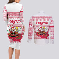 Poland Christmas Couples Matching Long Sleeve Bodycon Dress and Long Sleeve Button Shirt with Santa Children Gingerbread Map Outline and Red Snowflake Knit Pattern Design - Wonder Print Shop