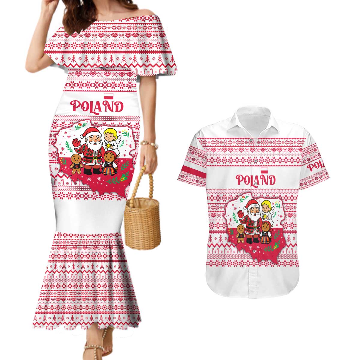 Poland Christmas Couples Matching Mermaid Dress and Hawaiian Shirt with Santa Children Gingerbread Map Outline and Red Snowflake Knit Pattern Design - Wonder Print Shop