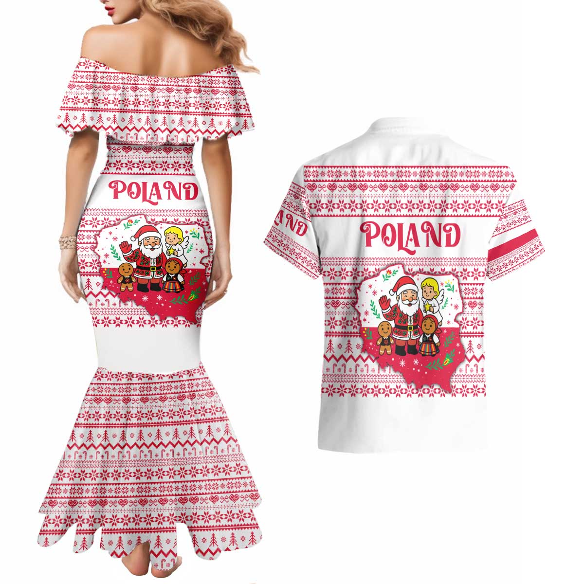 Poland Christmas Couples Matching Mermaid Dress and Hawaiian Shirt with Santa Children Gingerbread Map Outline and Red Snowflake Knit Pattern Design - Wonder Print Shop