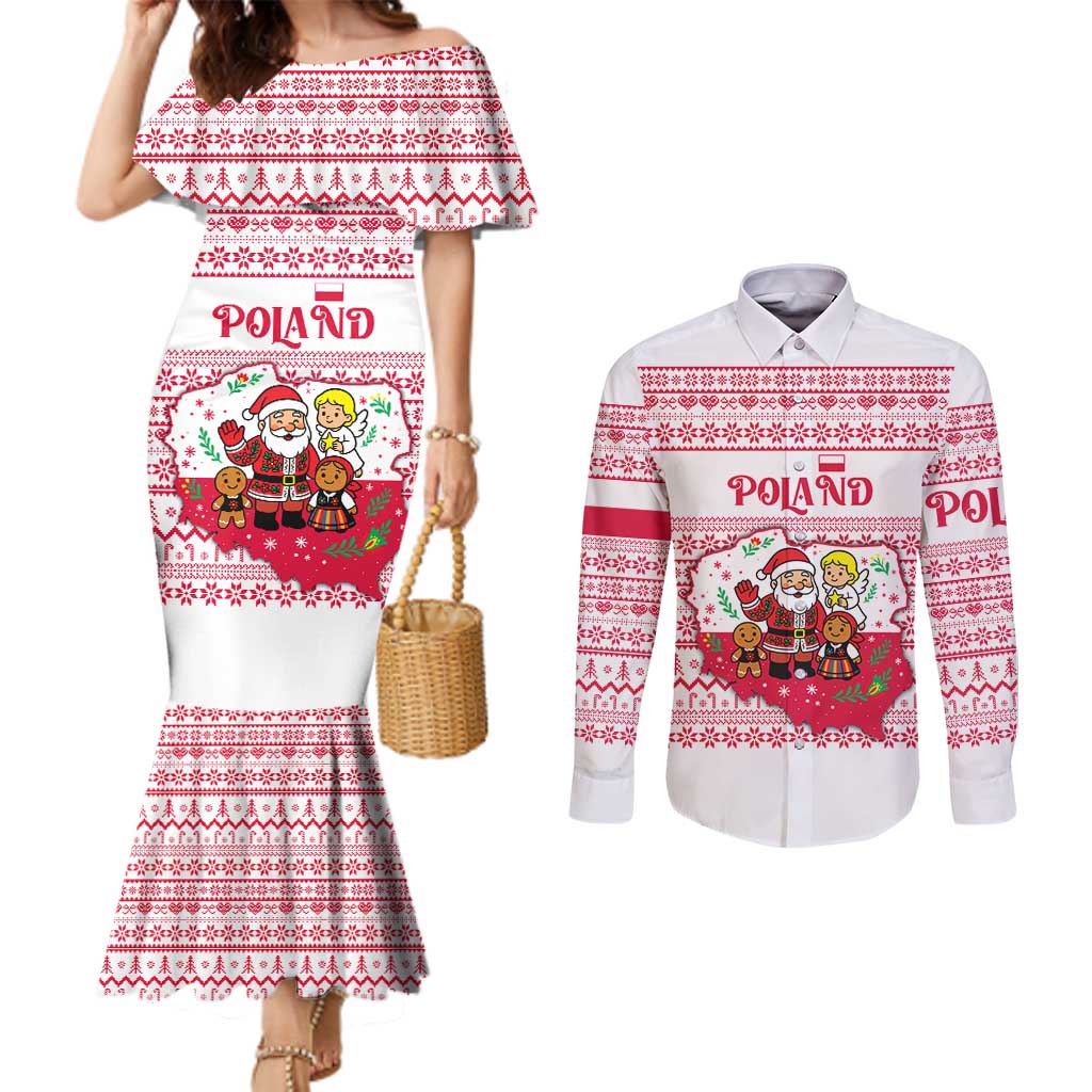 Poland Christmas Couples Matching Mermaid Dress and Long Sleeve Button Shirt with Santa Children Gingerbread Map Outline and Red Snowflake Knit Pattern Design - Wonder Print Shop