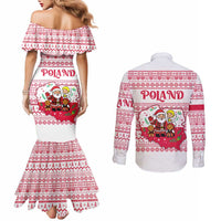 Poland Christmas Couples Matching Mermaid Dress and Long Sleeve Button Shirt with Santa Children Gingerbread Map Outline and Red Snowflake Knit Pattern Design - Wonder Print Shop