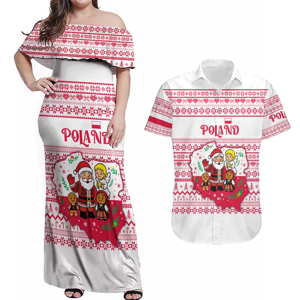Poland Christmas Couples Matching Off Shoulder Maxi Dress and Hawaiian Shirt with Santa Children Gingerbread Map Outline and Red Snowflake Knit Pattern Design - Wonder Print Shop
