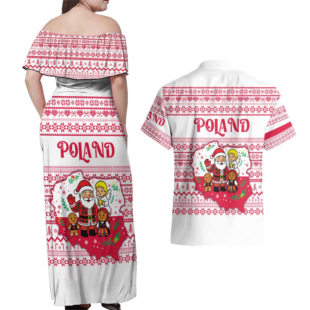 Poland Christmas Couples Matching Off Shoulder Maxi Dress and Hawaiian Shirt with Santa Children Gingerbread Map Outline and Red Snowflake Knit Pattern Design - Wonder Print Shop