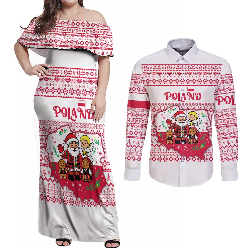 Poland Christmas Couples Matching Off Shoulder Maxi Dress and Long Sleeve Button Shirt with Santa Children Gingerbread Map Outline and Red Snowflake Knit Pattern Design - Wonder Print Shop