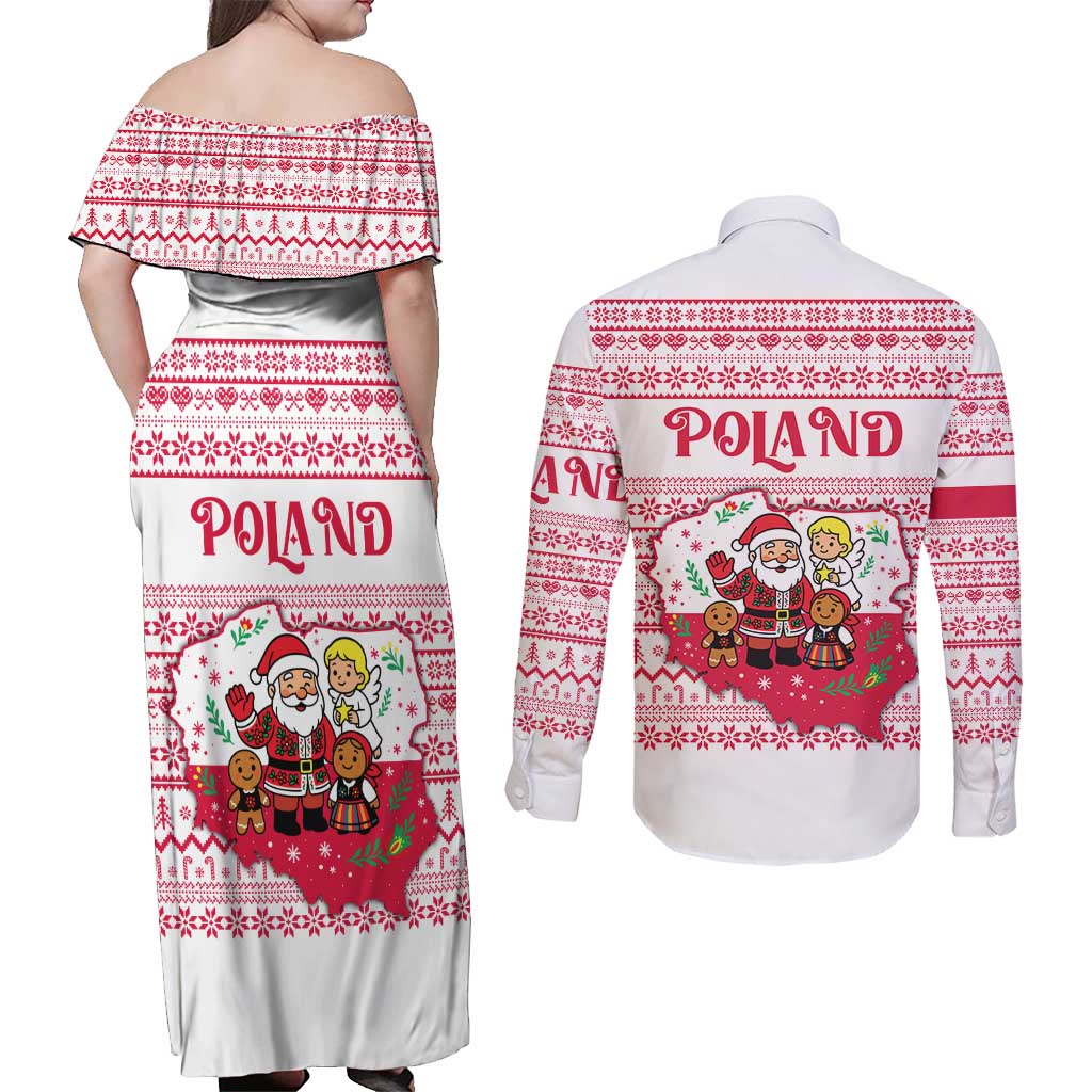 Poland Christmas Couples Matching Off Shoulder Maxi Dress and Long Sleeve Button Shirt with Santa Children Gingerbread Map Outline and Red Snowflake Knit Pattern Design - Wonder Print Shop
