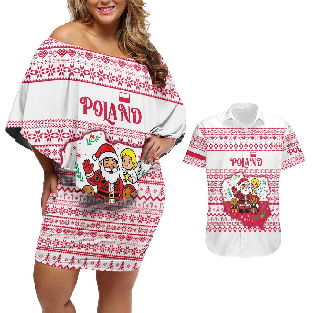 Poland Christmas Couples Matching Off Shoulder Short Dress and Hawaiian Shirt with Santa Children Gingerbread Map Outline and Red Snowflake Knit Pattern Design - Wonder Print Shop