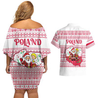 Poland Christmas Couples Matching Off Shoulder Short Dress and Hawaiian Shirt with Santa Children Gingerbread Map Outline and Red Snowflake Knit Pattern Design - Wonder Print Shop