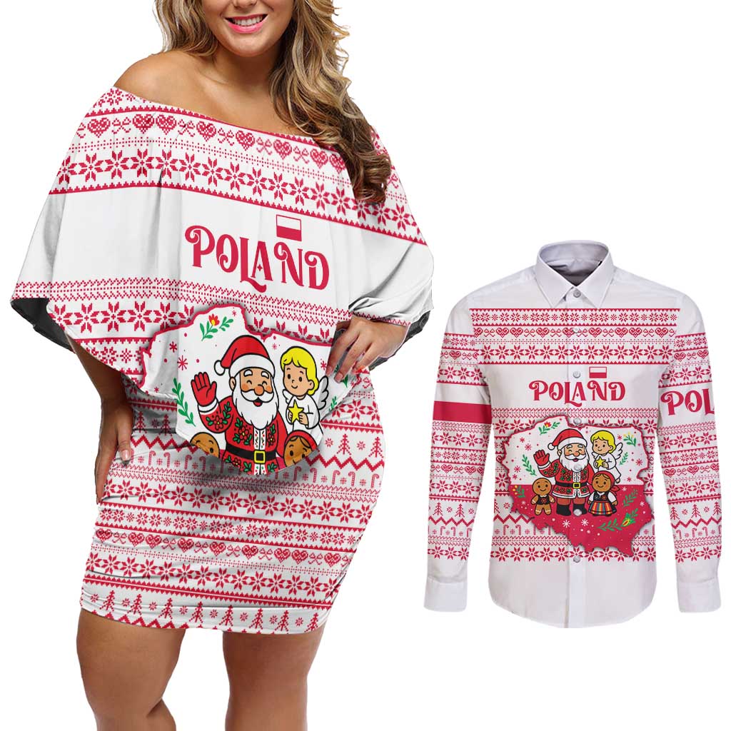 Poland Christmas Couples Matching Off Shoulder Short Dress and Long Sleeve Button Shirt with Santa Children Gingerbread Map Outline and Red Snowflake Knit Pattern Design - Wonder Print Shop