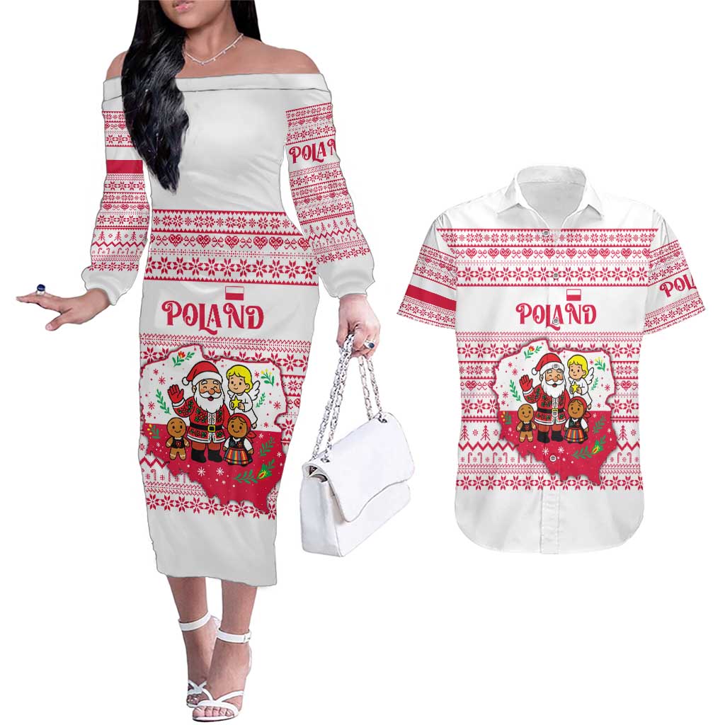 Poland Christmas Couples Matching Off The Shoulder Long Sleeve Dress and Hawaiian Shirt with Santa Children Gingerbread Map Outline and Red Snowflake Knit Pattern Design - Wonder Print Shop