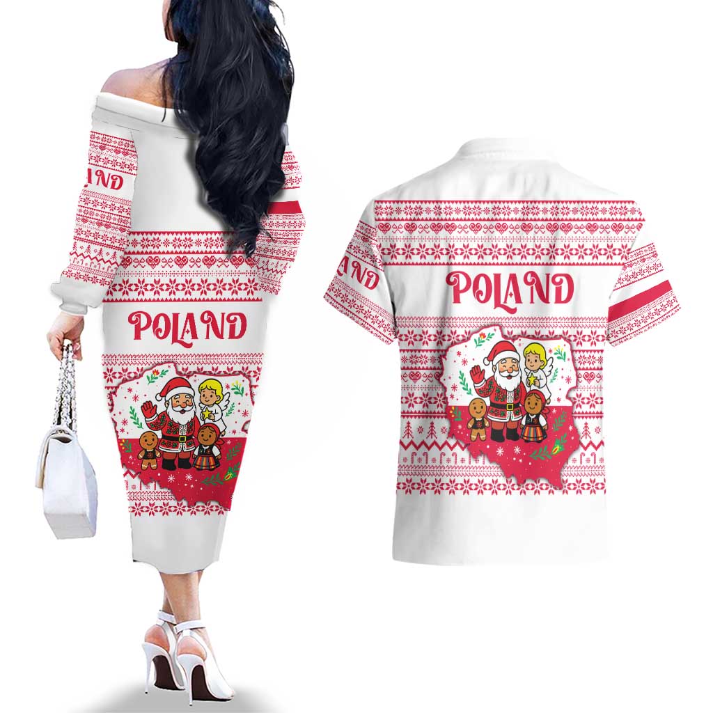 Poland Christmas Couples Matching Off The Shoulder Long Sleeve Dress and Hawaiian Shirt with Santa Children Gingerbread Map Outline and Red Snowflake Knit Pattern Design - Wonder Print Shop