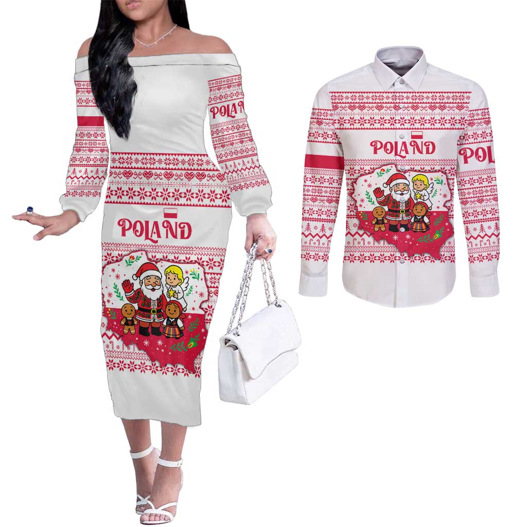 Poland Christmas Couples Matching Off The Shoulder Long Sleeve Dress and Long Sleeve Button Shirt with Santa Children Gingerbread Map Outline and Red Snowflake Knit Pattern Design - Wonder Print Shop