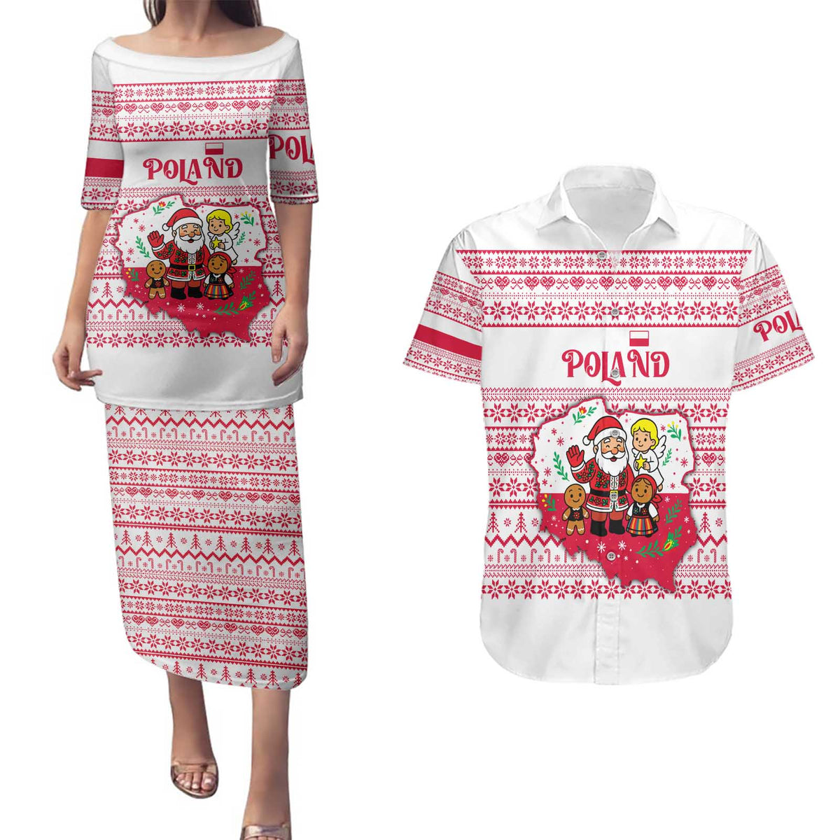 Poland Christmas Couples Matching Puletasi and Hawaiian Shirt with Santa Children Gingerbread Map Outline and Red Snowflake Knit Pattern Design - Wonder Print Shop