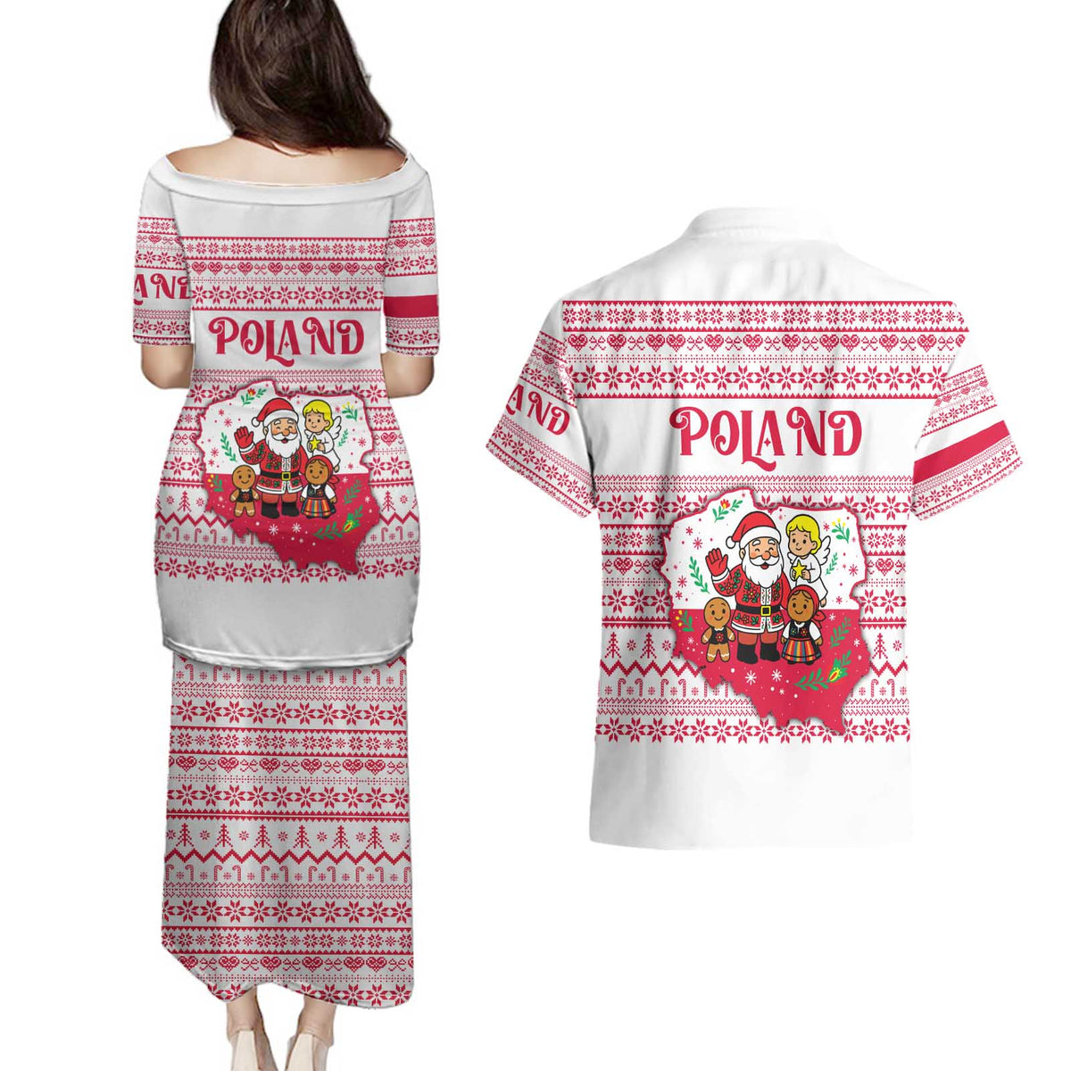 Poland Christmas Couples Matching Puletasi and Hawaiian Shirt with Santa Children Gingerbread Map Outline and Red Snowflake Knit Pattern Design - Wonder Print Shop
