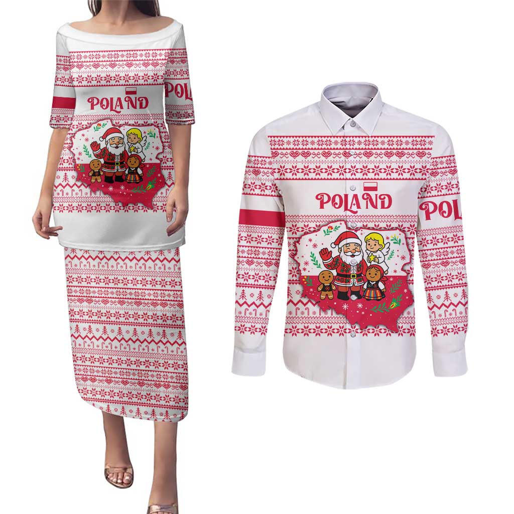 Poland Christmas Couples Matching Puletasi and Long Sleeve Button Shirt with Santa Children Gingerbread Map Outline and Red Snowflake Knit Pattern Design - Wonder Print Shop