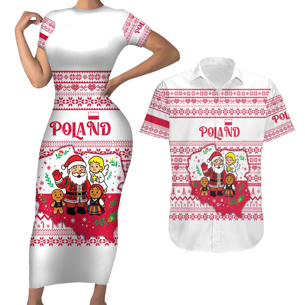 Poland Christmas Couples Matching Short Sleeve Bodycon Dress and Hawaiian Shirt with Santa Children Gingerbread Map Outline and Red Snowflake Knit Pattern Design - Wonder Print Shop