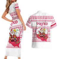 Poland Christmas Couples Matching Short Sleeve Bodycon Dress and Hawaiian Shirt with Santa Children Gingerbread Map Outline and Red Snowflake Knit Pattern Design - Wonder Print Shop