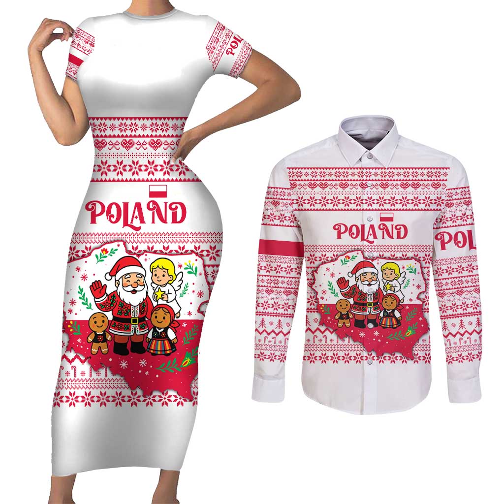 Poland Christmas Couples Matching Short Sleeve Bodycon Dress and Long Sleeve Button Shirt with Santa Children Gingerbread Map Outline and Red Snowflake Knit Pattern Design - Wonder Print Shop