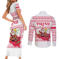 Poland Christmas Couples Matching Short Sleeve Bodycon Dress and Long Sleeve Button Shirt with Santa Children Gingerbread Map Outline and Red Snowflake Knit Pattern Design - Wonder Print Shop