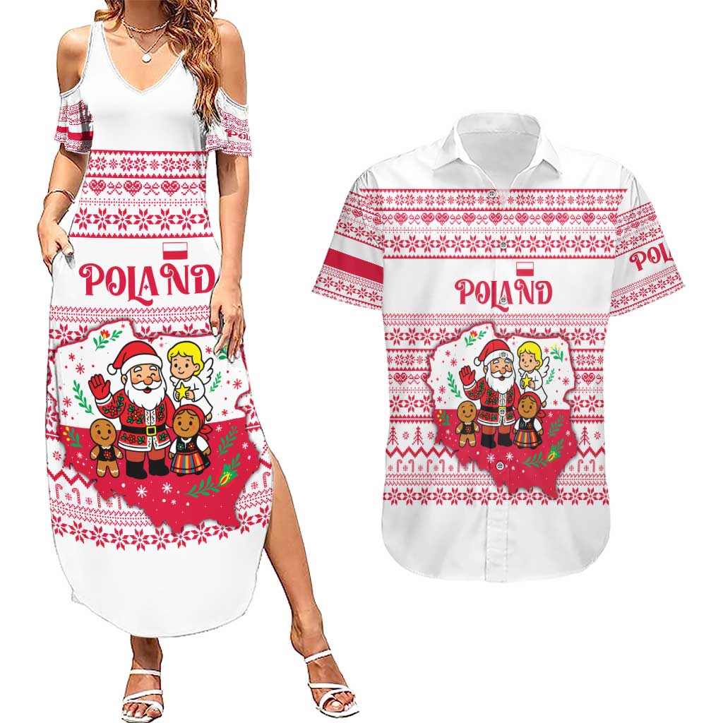 Poland Christmas Couples Matching Summer Maxi Dress and Hawaiian Shirt with Santa Children Gingerbread Map Outline and Red Snowflake Knit Pattern Design - Wonder Print Shop