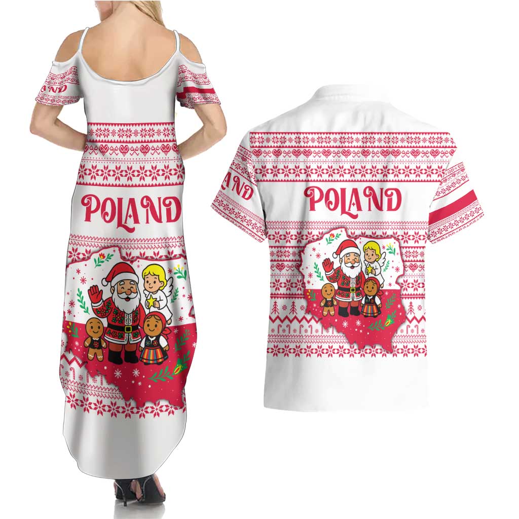 Poland Christmas Couples Matching Summer Maxi Dress and Hawaiian Shirt with Santa Children Gingerbread Map Outline and Red Snowflake Knit Pattern Design - Wonder Print Shop