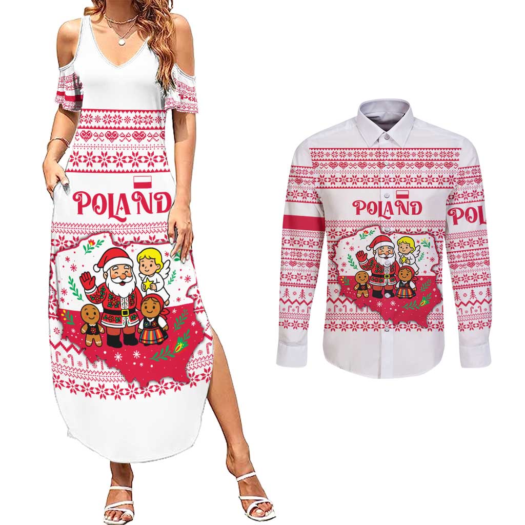 Poland Christmas Couples Matching Summer Maxi Dress and Long Sleeve Button Shirt with Santa Children Gingerbread Map Outline and Red Snowflake Knit Pattern Design - Wonder Print Shop