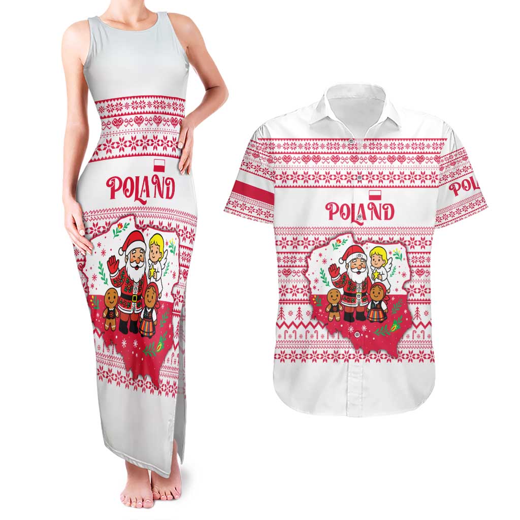 Poland Christmas Couples Matching Tank Maxi Dress and Hawaiian Shirt with Santa Children Gingerbread Map Outline and Red Snowflake Knit Pattern Design - Wonder Print Shop