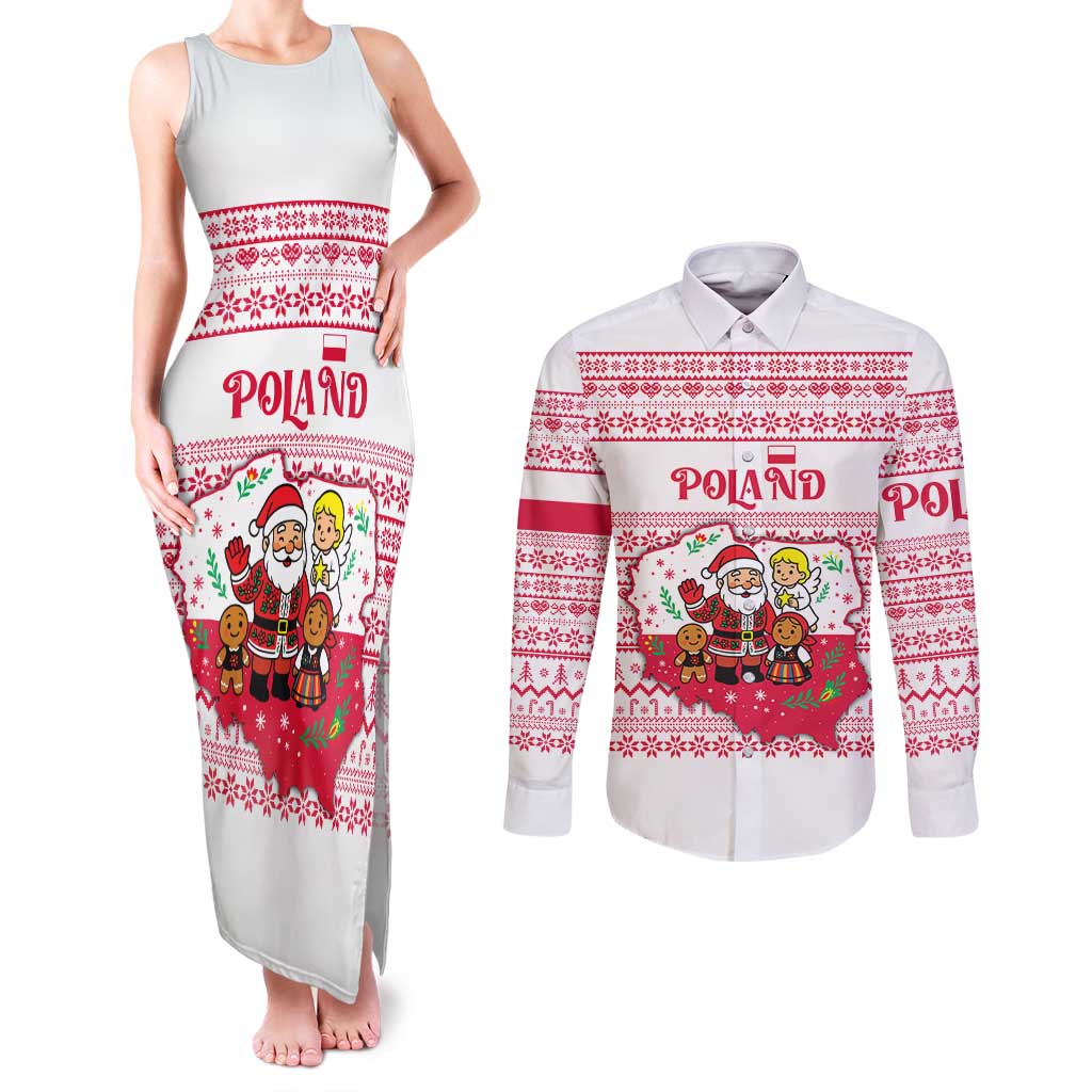 Poland Christmas Couples Matching Tank Maxi Dress and Long Sleeve Button Shirt with Santa Children Gingerbread Map Outline and Red Snowflake Knit Pattern Design - Wonder Print Shop