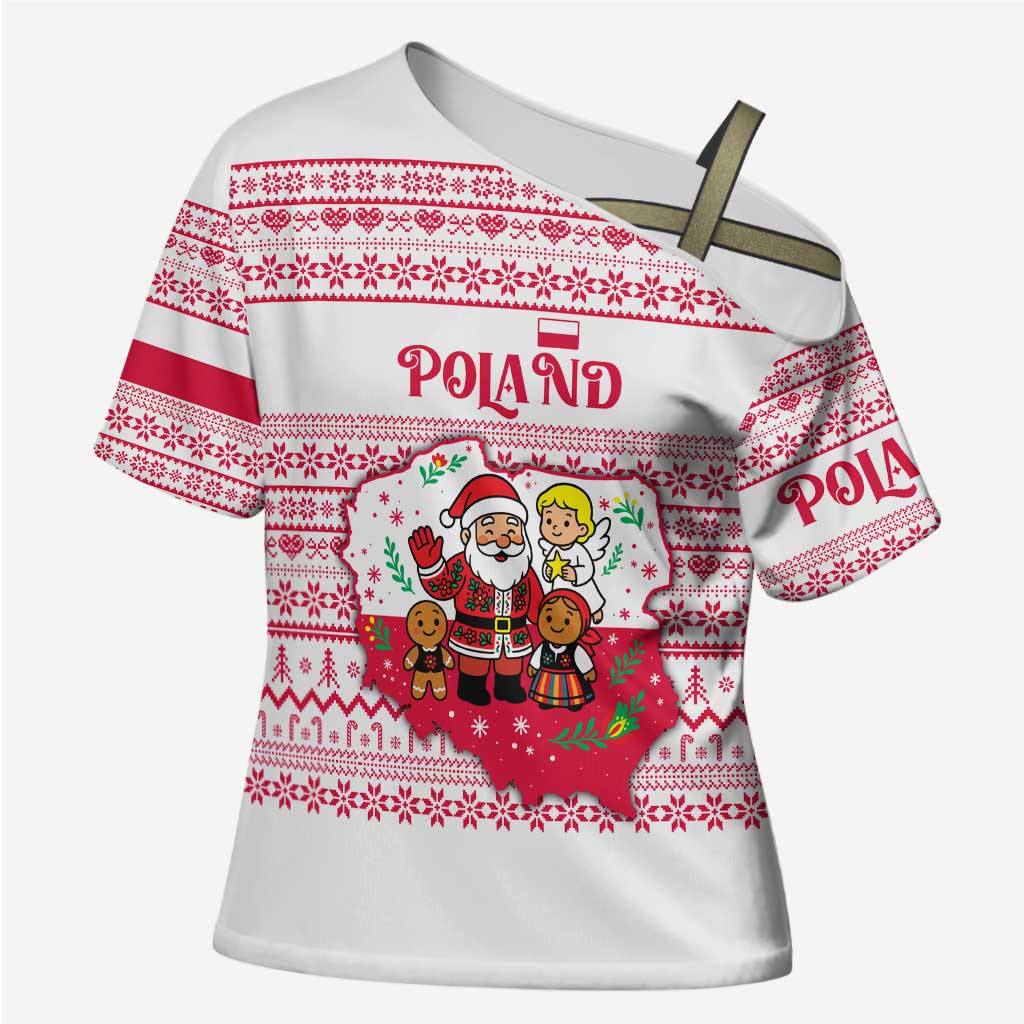 Poland Christmas Cross Shoulder Shirt with Santa Children Gingerbread Map Outline and Red Snowflake Knit Pattern Design - Wonder Print Shop