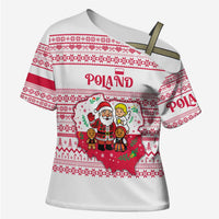 Poland Christmas Cross Shoulder Shirt with Santa Children Gingerbread Map Outline and Red Snowflake Knit Pattern Design - Wonder Print Shop