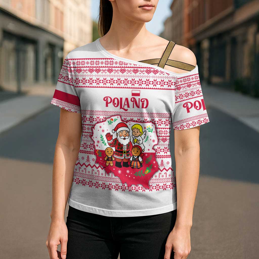 Poland Christmas Cross Shoulder Shirt with Santa Children Gingerbread Map Outline and Red Snowflake Knit Pattern Design - Wonder Print Shop