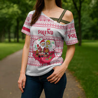 Poland Christmas Cross Shoulder Shirt with Santa Children Gingerbread Map Outline and Red Snowflake Knit Pattern Design - Wonder Print Shop