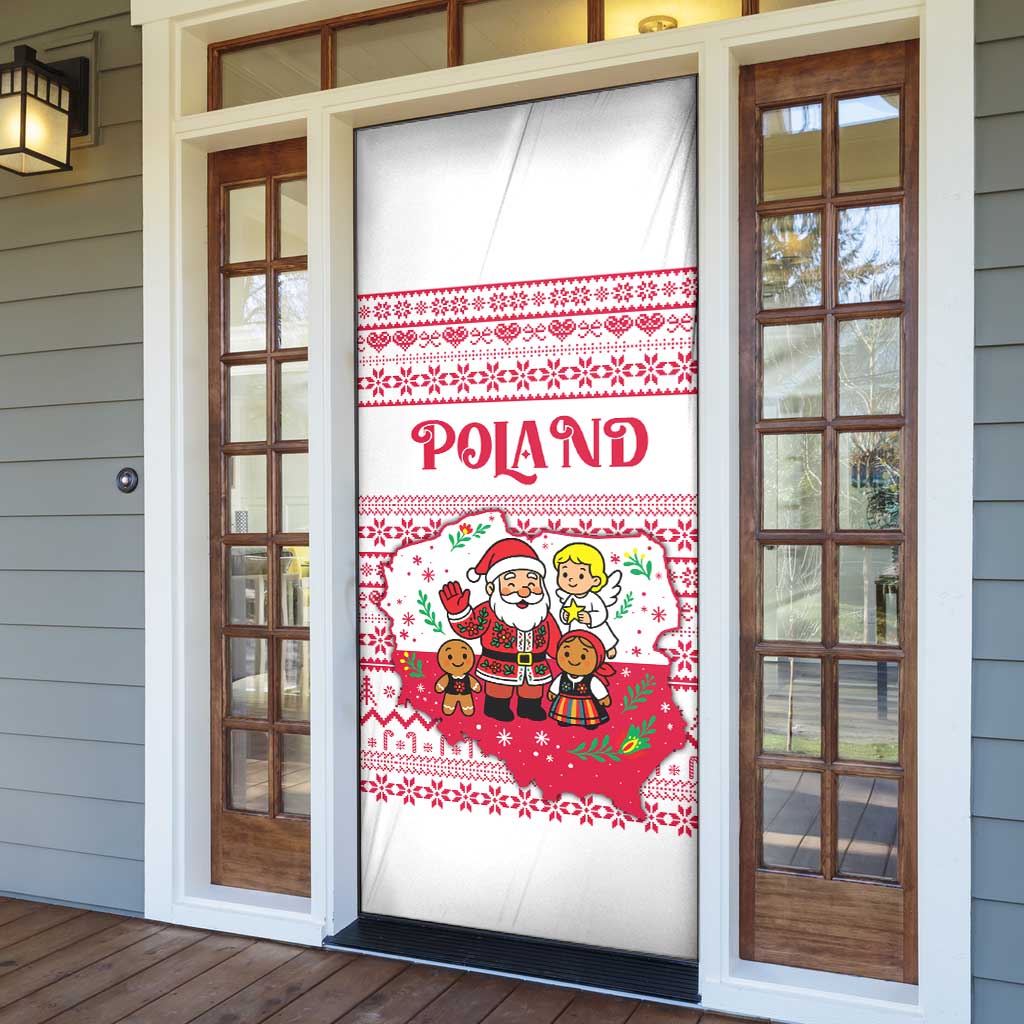 Poland Christmas Door Cover with Santa Children Gingerbread Map Outline and Red Snowflake Knit Pattern Design - Wonder Print Shop