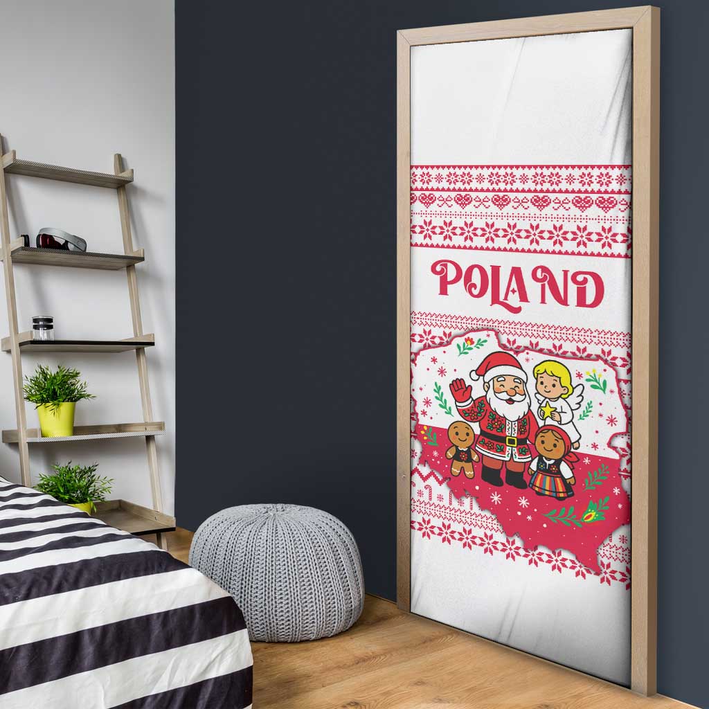 Poland Christmas Door Cover with Santa Children Gingerbread Map Outline and Red Snowflake Knit Pattern Design - Wonder Print Shop